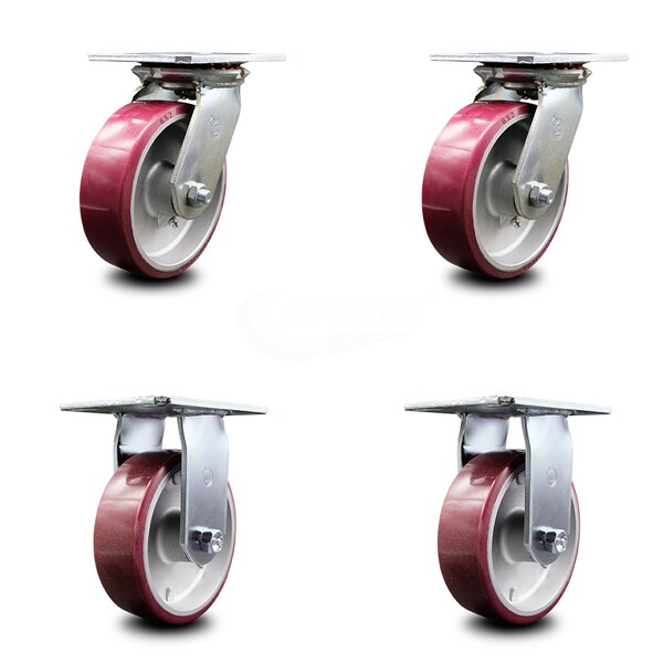 6 Inch Poly on Aluminum Caster Set with Roller Bearings 2 Swivel 2 Rigid SCC